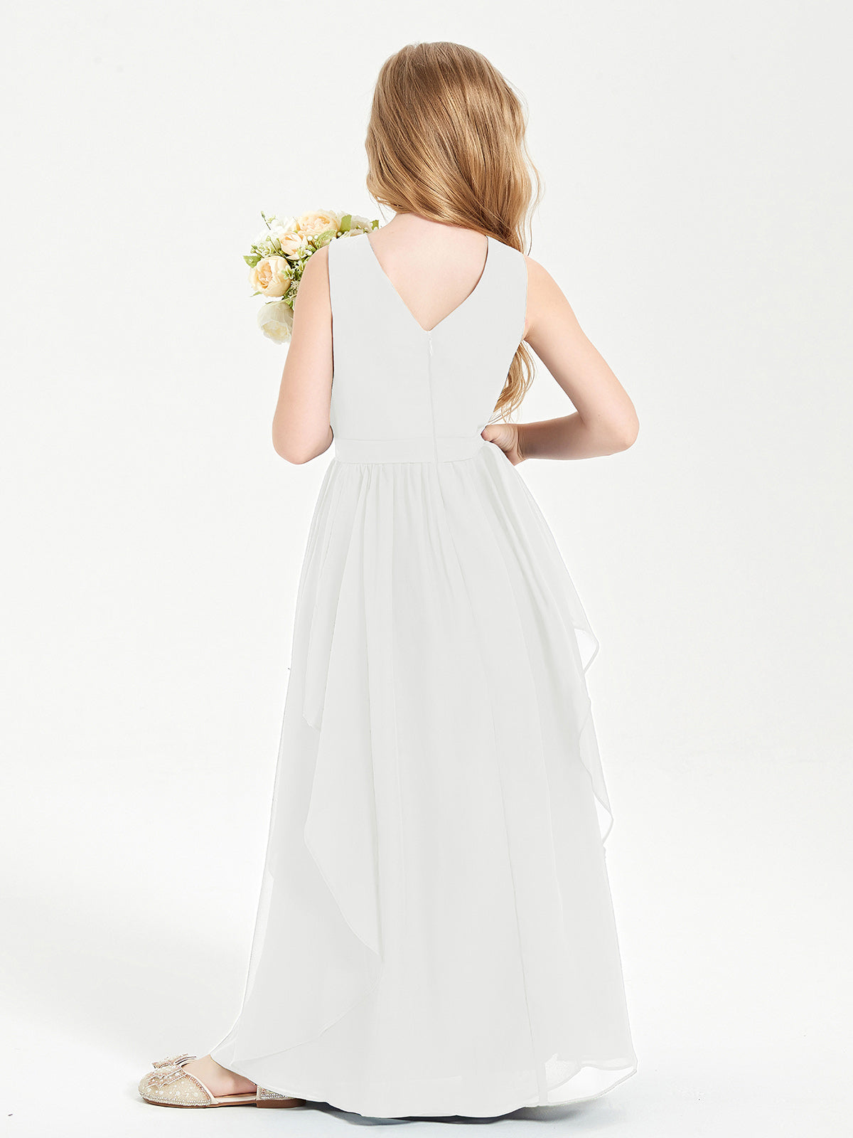 Boho Sleeveless Junior Chiffon Bridesmaids Gown Ivory